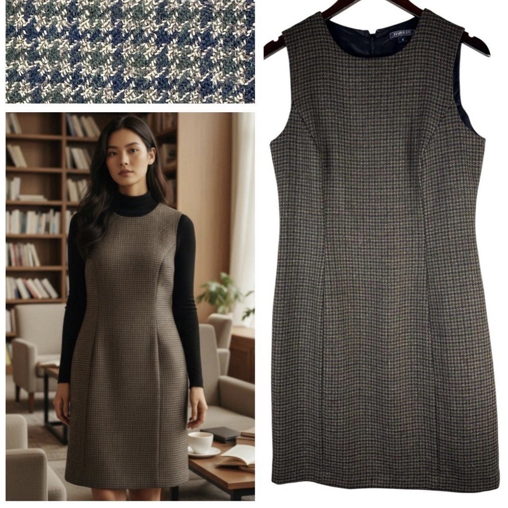 Harold's Vintage 100% Wool Brown Houndstooth Dress Lined Size 8